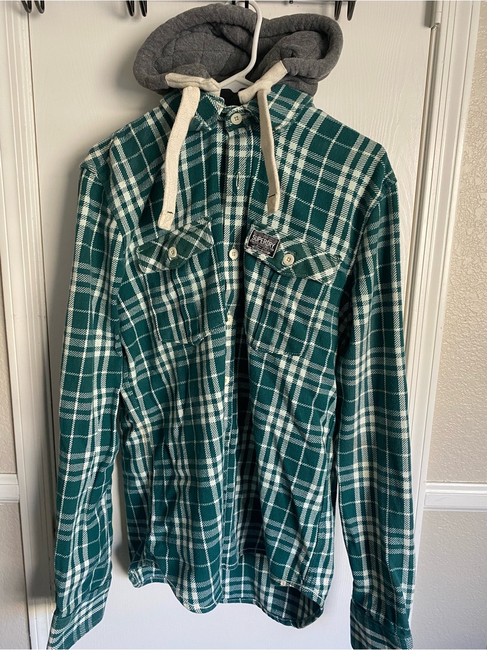 Superdry Hooded Plaid Flannel Shirt Jacket Green White Shacket Mens 2XL